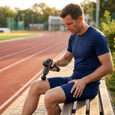 Pistolet de massage utilisé sur la cuisse après une activité sportive