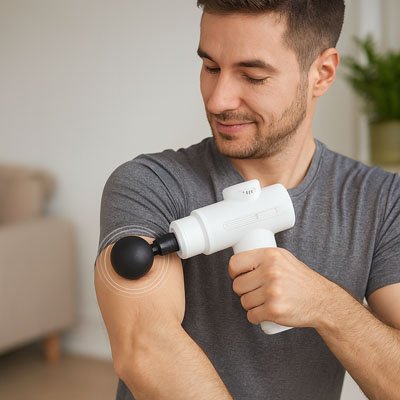 Pistolet de massage utilisé sur le bras pour soulager les tensions musculaires