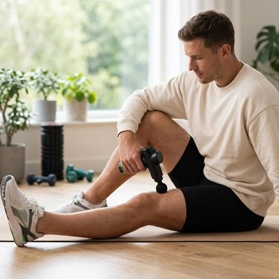 Pistolet de massage utilisé sur le haut du genou pour favoriser la récupération musculaire