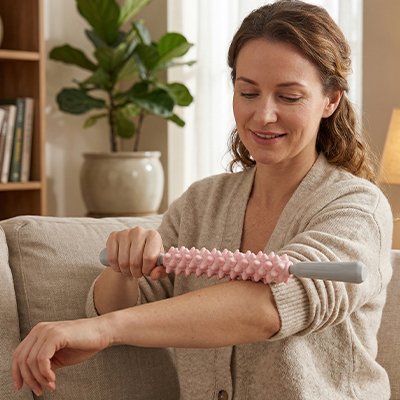 Rouleau de massage passé sur l'avant-bras d'une femme souriante, geste de détente