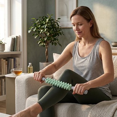 Rouleau de massage tenu par une femme sur sa jambe, intérieur cosy