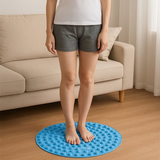 Tapis d’acupression circulaire bleu utilisé debout pour la stimulation des points de pression