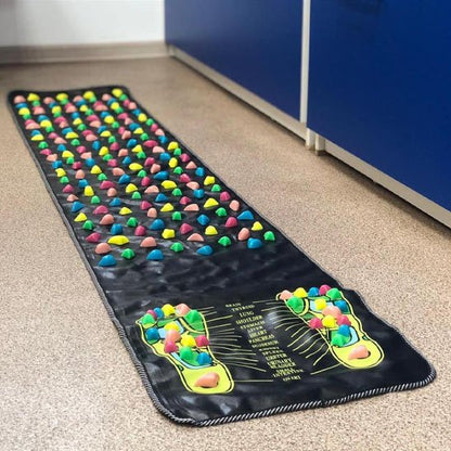 Tapis d'acupression coloré déroulé au sol, chemin de galets pour les pieds