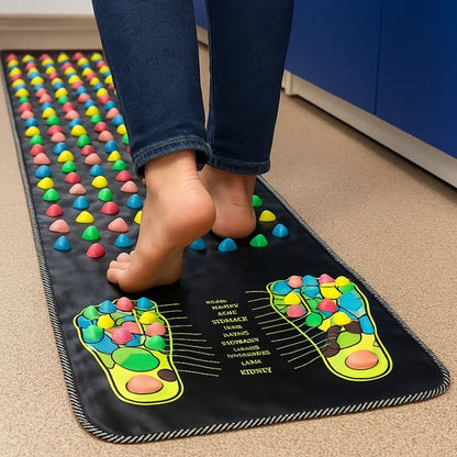 Tapis d'acupression de réflexologie plantaire foulé par une personne pieds nus