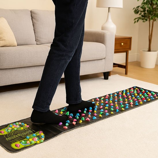 Tapis d'acupression parcouru debout par un homme, stimulation des pieds