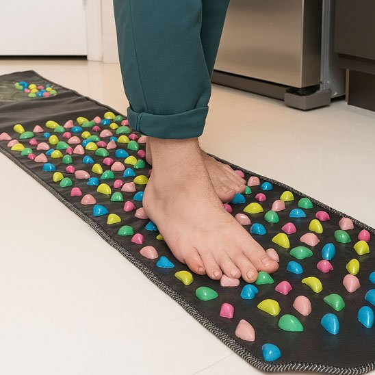 Tapis d'acupression plantaire sous les pieds nus d'une personne, gros plan