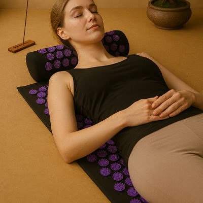 Tapis d'acupression sous le dos d'une femme détendue, yeux fermés